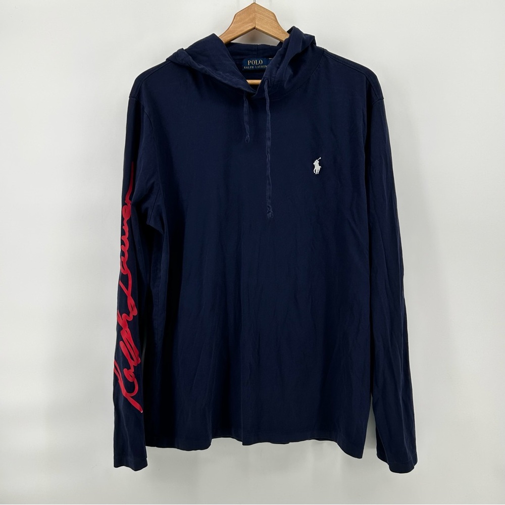 Polo Ralph Lauren Hooded T-Shirt Mens L Blue Big Pony Player Signed Sleeve